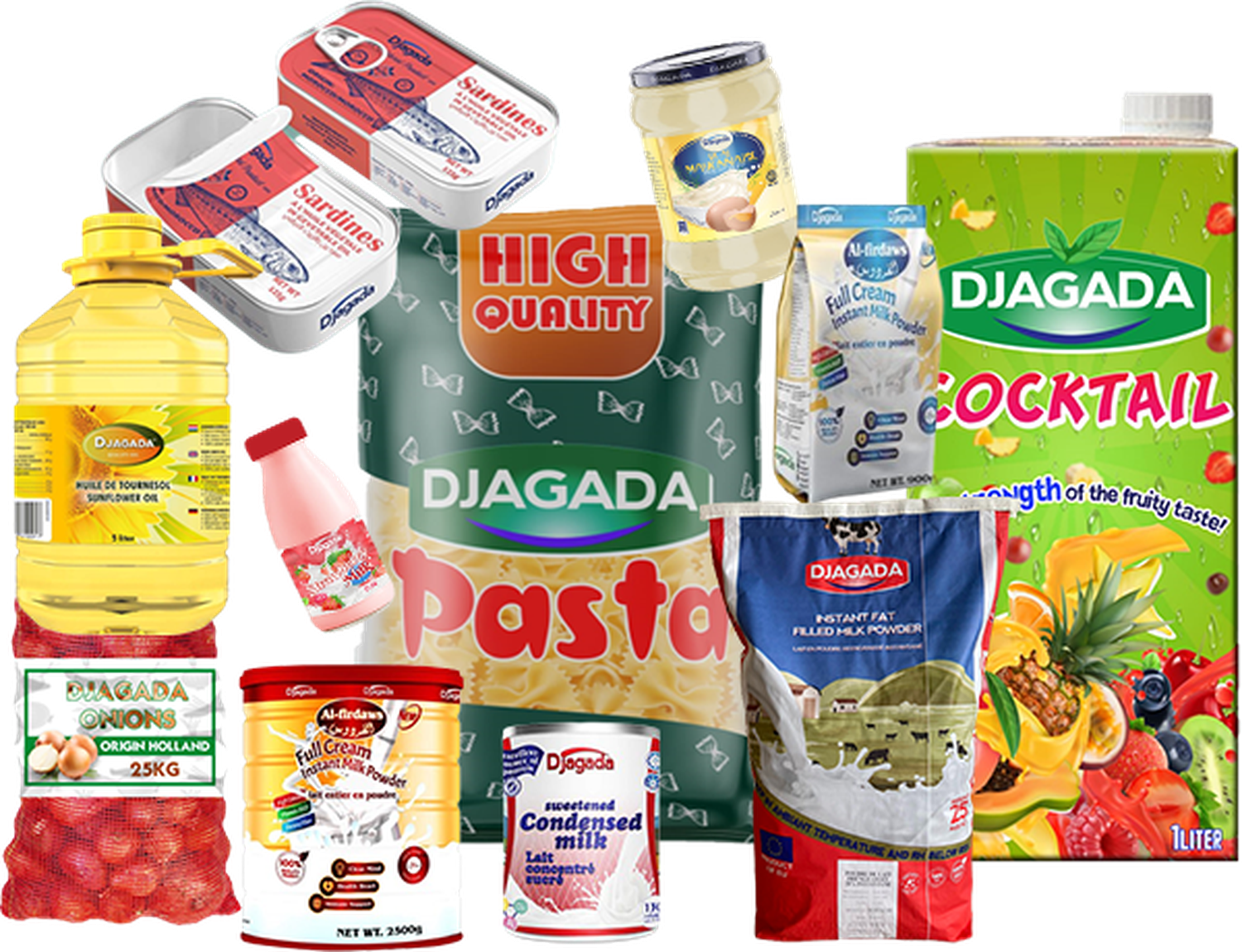 The Djagada product family: sunflower oil, sardines, mayonnaise, pasta, milk powder, condensed milk, onions and fruit juice